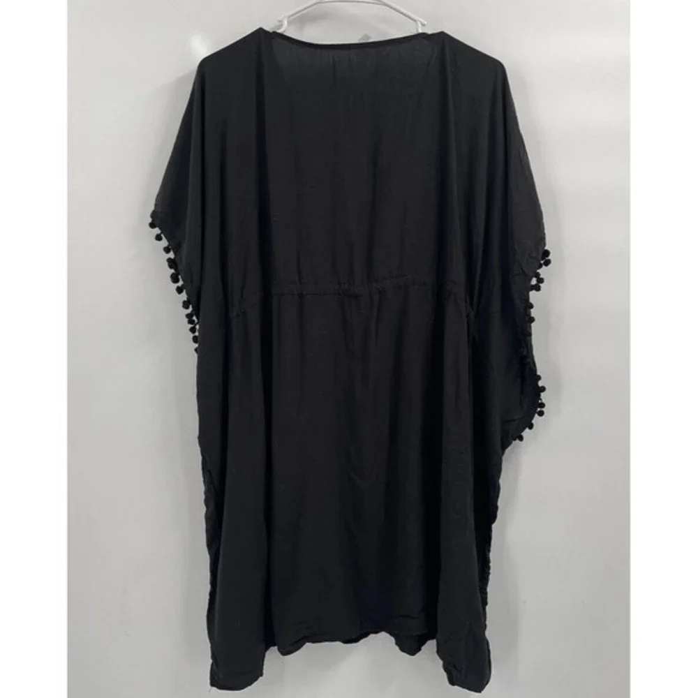 Wave Zone S/M Kaftan Swim Cover Up Womens Black Excellent Pom Pom‎ Trim Rayon